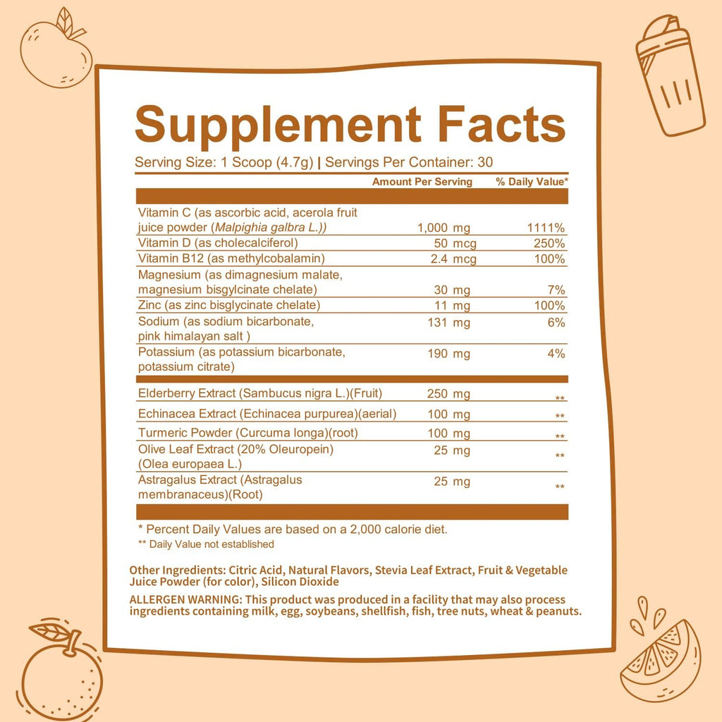 GOBIOTIX Vitamin C - Immune Defense Support Supplement - Immunity Powder Wellness Booster - Vegan Superfood - Elderberry, Turmeric, B12 Vitamin Supplement, Non-GMO and Sugar Free (Orange)