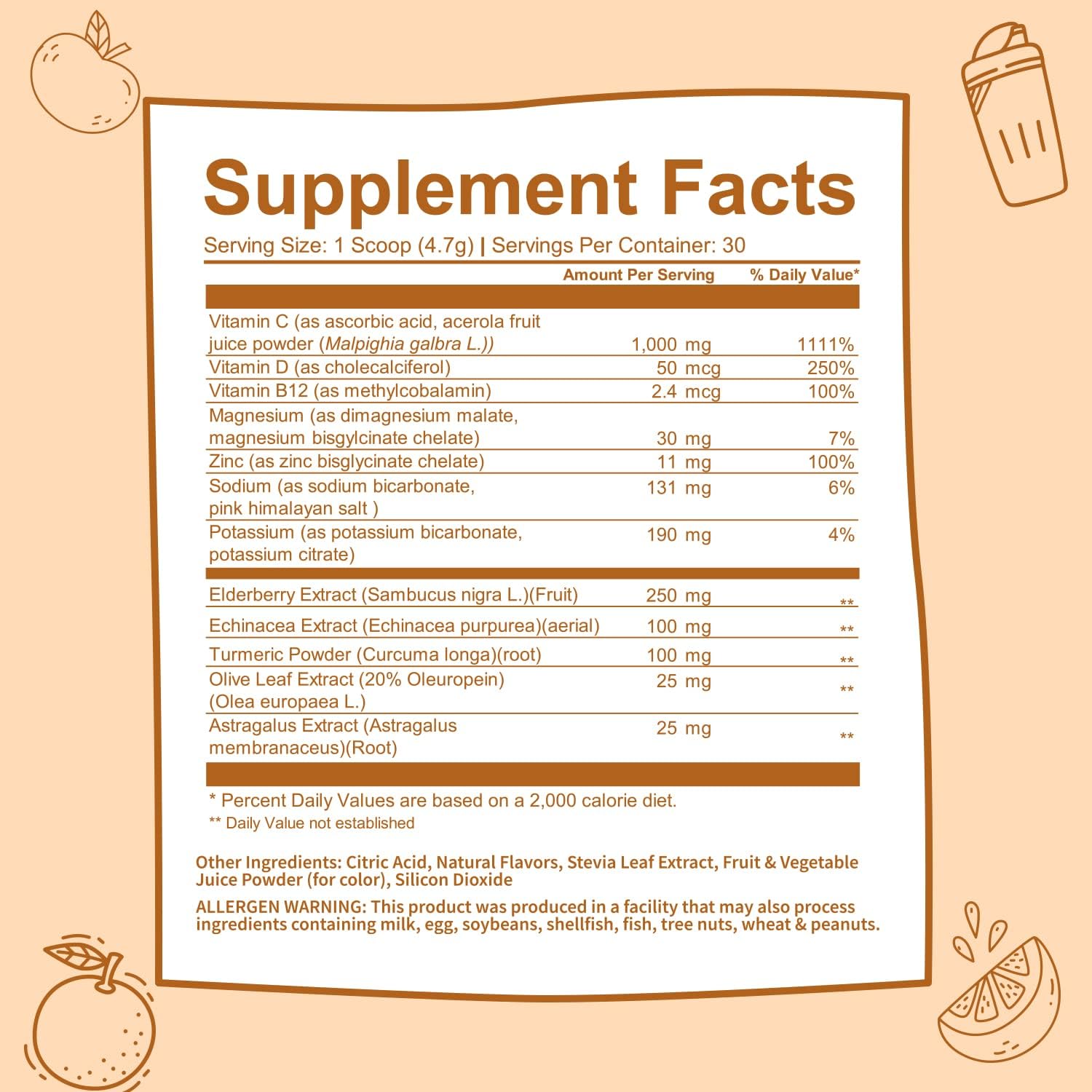 GOBIOTIX Vitamin C - Immune Defense Support Supplement - Immunity Powder Wellness Booster - Vegan Superfood - Elderberry, Turmeric, B12 Vitamin Supplement, Non-GMO and Sugar Free (Orange)