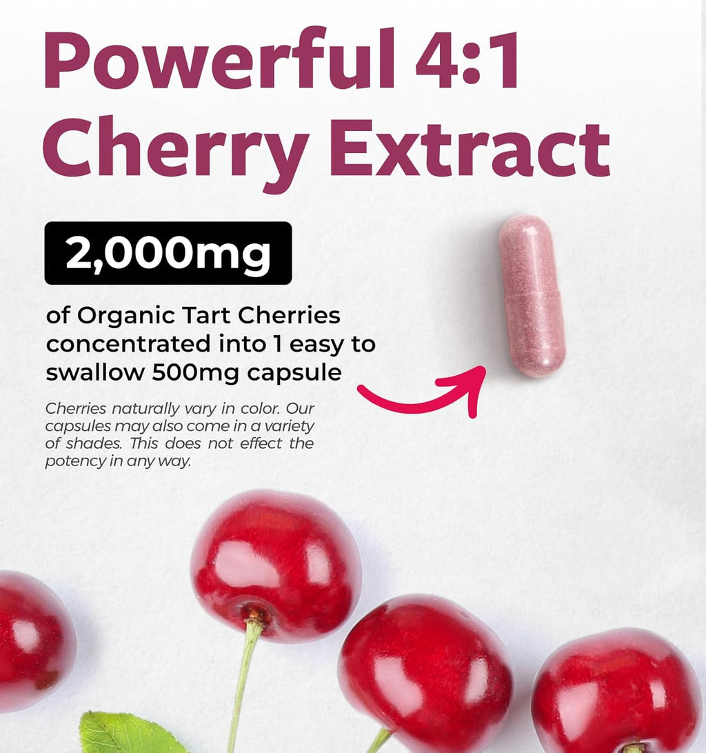 Organic Tart Cherry Capsules - High Strength 4:1 Tart Cherry Extract Capsules with 2000mg Herbal Equivalent per Serving for Uric Acid Support - Vegan Non-GMO & Made in the USA (2 Months Supply)