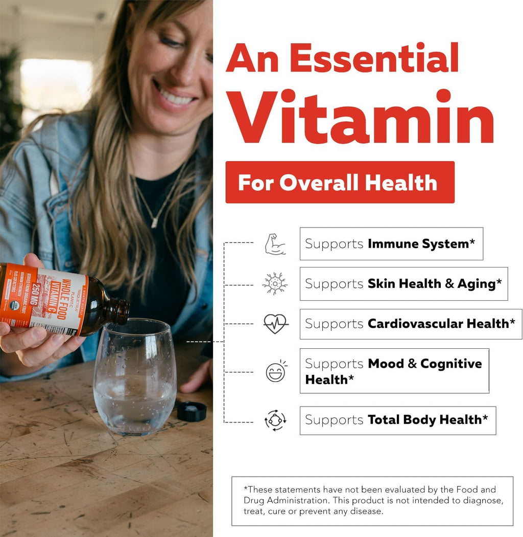 Organic Vitamin C Liquid - 250 mg | Whole Food Vitamin C Supplement from Fruit Plus Absorption Cofactors, Rutin & Citrus Bioflavonoids - Immune & Antioxidant Support, Total Health (96 Servings)