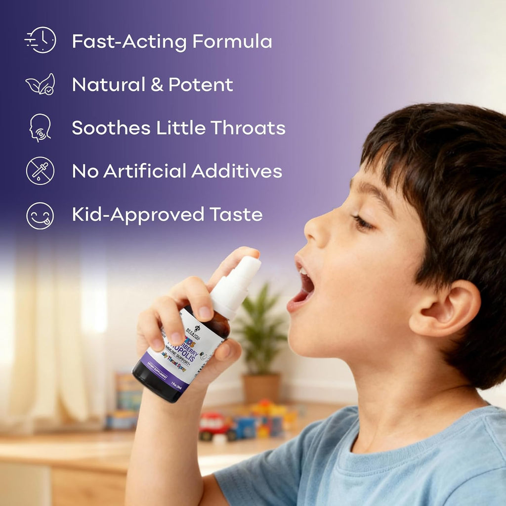 Bee and You, Kids Immune Support Supplement Throat Spray, Elderberry, Raw Honey, Propolis Extract, Vitamin C, Strawberry Juice, Antioxidants, Sore Throat Relief, 1 fl. Oz