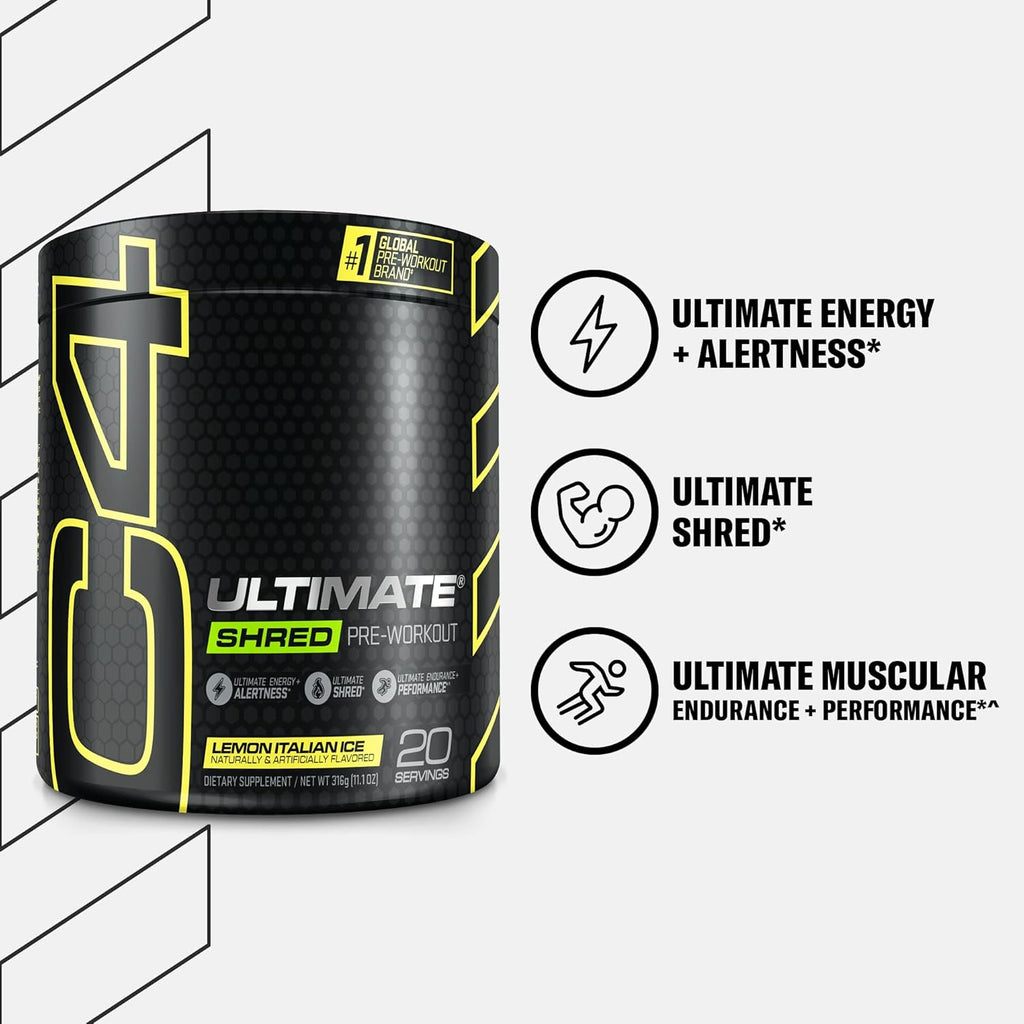 Cellucor C4 Ultimate Shred Pre Workout Powder, Fat Burner for Men & Women, Metabolism Supplement with Ginger Root Extract, Lemon Italian Ice, 20 Servings (Pack of 1)