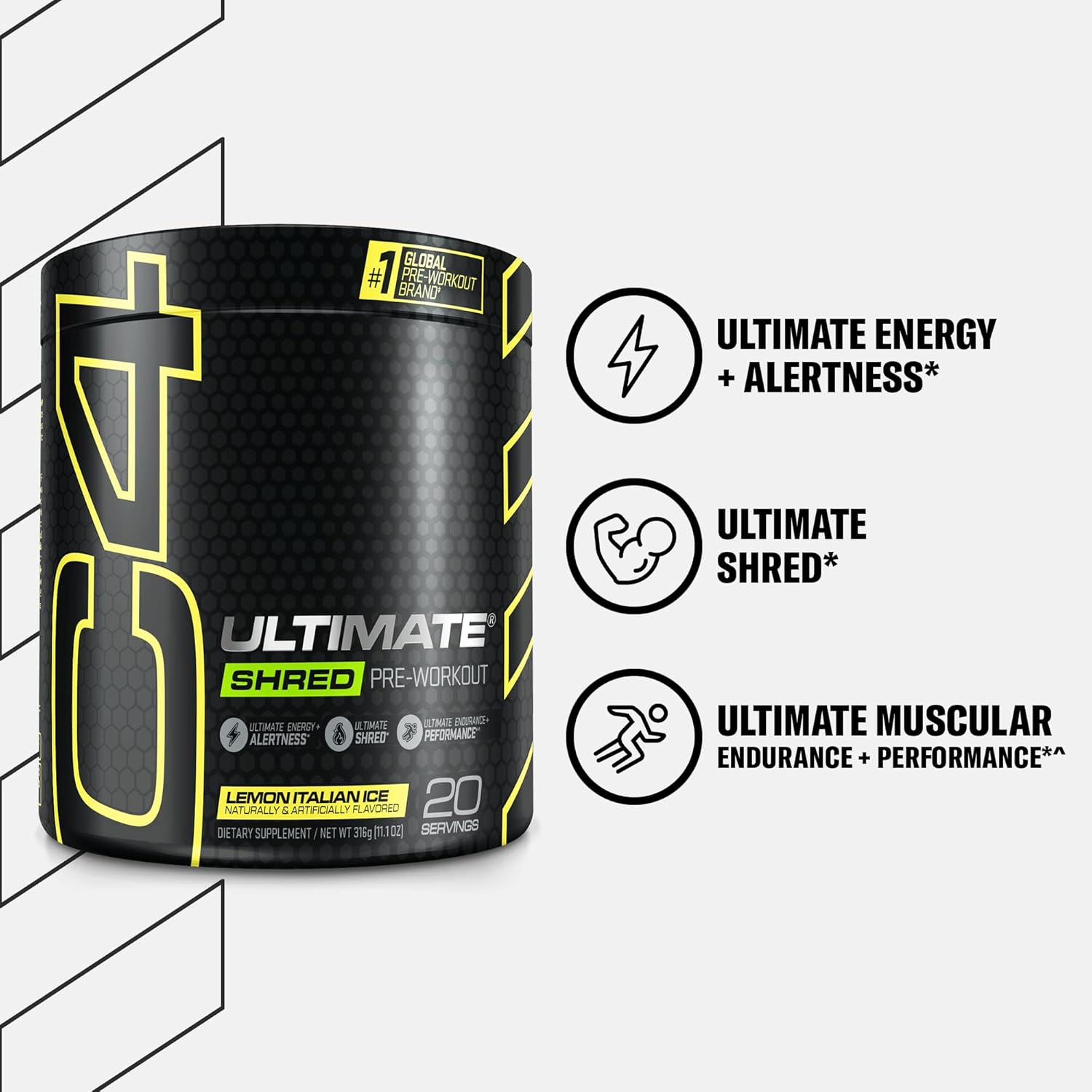Cellucor C4 Ultimate Shred Pre Workout Powder, Fat Burner for Men & Women, Metabolism Supplement with Ginger Root Extract, Lemon Italian Ice, 20 Servings (Pack of 1)