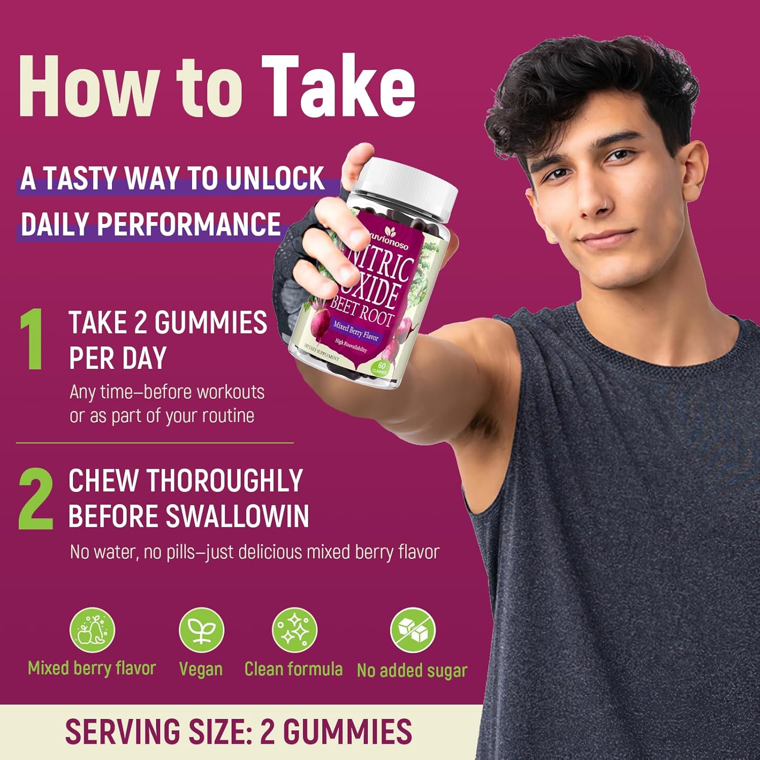 Nitric Oxide Beet Root Gummies – Nitric Oxide Booster with Organic Beet Root, Grapeseed, Pomegranate, Vitamin C & B12 – Sugar-Free Beet Chewables Mixed Berry Flavor – 60 Gummies