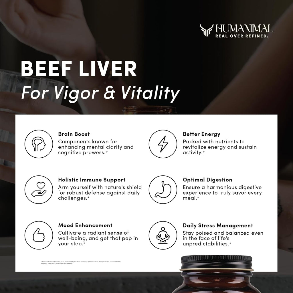 Humanimal Beef Liver Supplement | Nutrient-Dense Beef Liver Capsules | 100% Grass-Fed & Finished, Freeze-Dried | Boosts Energy Levels, Focus, Skin Health & Liver Function | Non-GMO, 180 Capsules