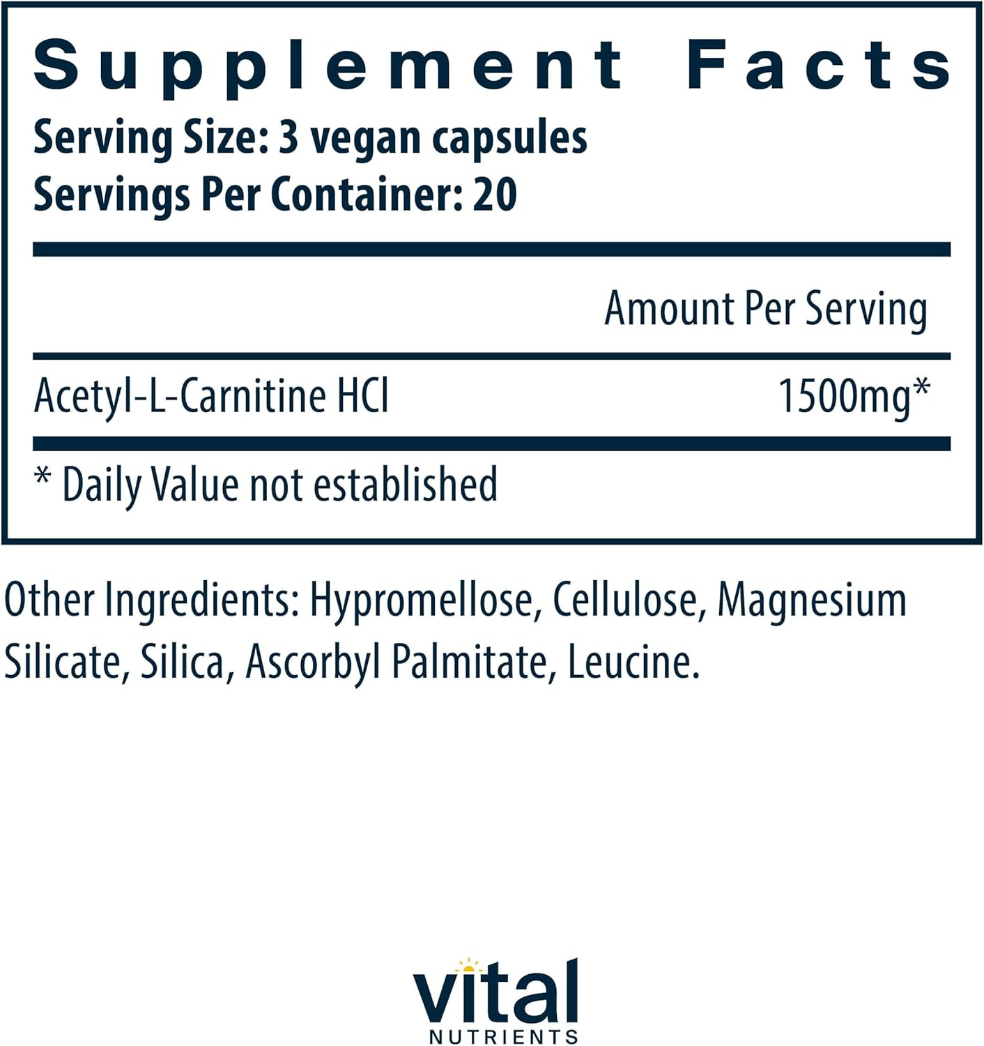 Vital Nutrients Acetyl L-Carnitine 500mg | Brain, Memory, and Cognitive Support Supplement* | Vegan | Gluten, Dairy, Soy Free | Non-GMO | 60 Capsules