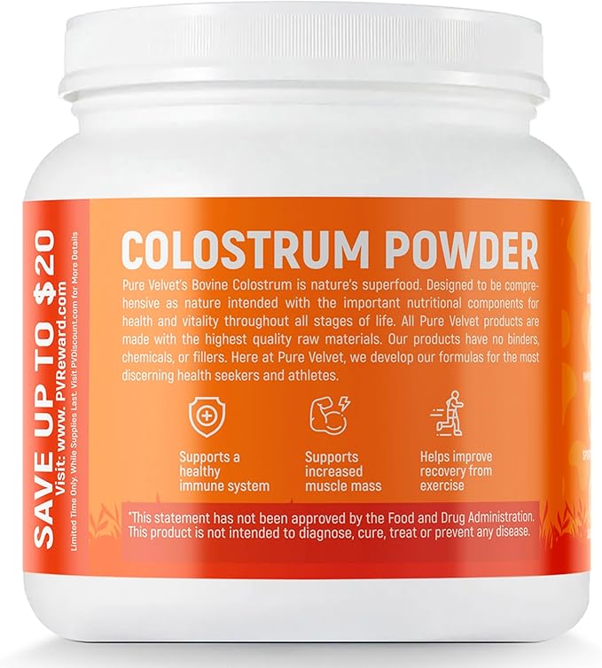 Pure Velvet Colostrum Powder for Gut Health, Bloating, Hair Growth, Immune Support, Bovine Cow Sourced Colostrum Protein, Lactoferrin Supplement, Contains Dairy with Immunoglobulins (IgG) (10 Ounce)