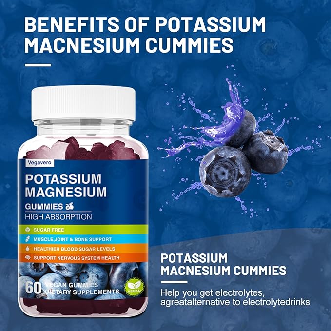 Magnesium Potassium Supplement Gummies - High Absorption Calm Magnesium Glycinate & Potassium Citrate Plus Coenzyme Q10, DHA, D3, Mineral & Calcium for Zzz, Leg Cramps & Muscle - 60 Blueberry Gummies