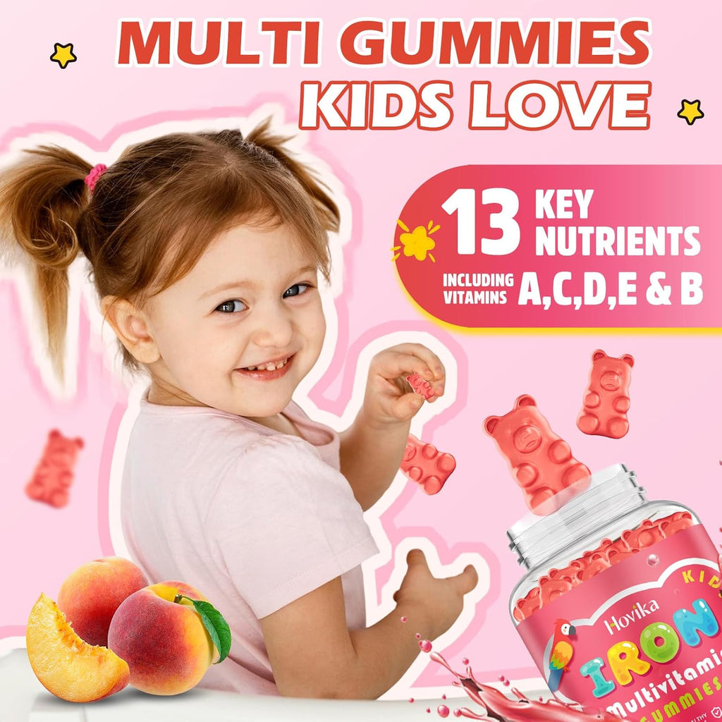 Iron Supplement Gummies for Kids with Multivitamin, Calcium, Zinc, Folate - Kids Iron Gummies Support Immune, Blood Builder, Iron Deficiency, Anemia & Energy - Vegan, Peach 60 Count