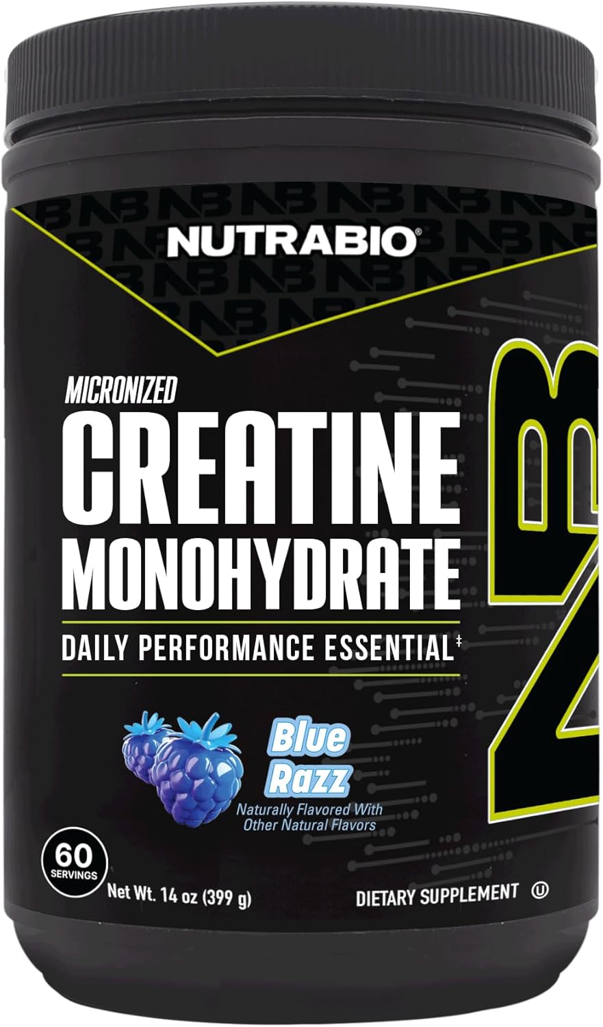 NutraBio Pure Micronized Creatine Monohydrate Powder Supplement, Blue Razz Burst(300 g) - Supports Bulk Muscle Energy, Recovery, and Strength - HPLC Tested Creatine Powder Supplement for Men and Women