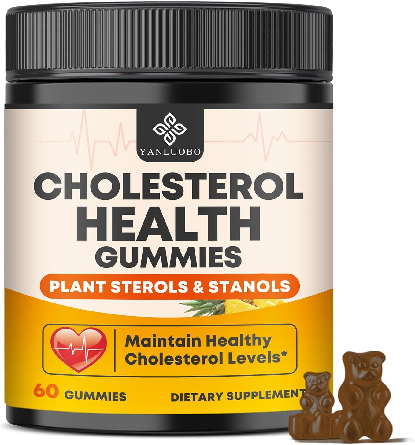 Cholesterol Supplements Gummies, Support Healthy Cholesterol Levels with 1200mg Plant Sterols & Stanols, Bergamot Orange Extract, Red Yeast Rice for Women & Men, Pineapple Flavor, 60 Counts