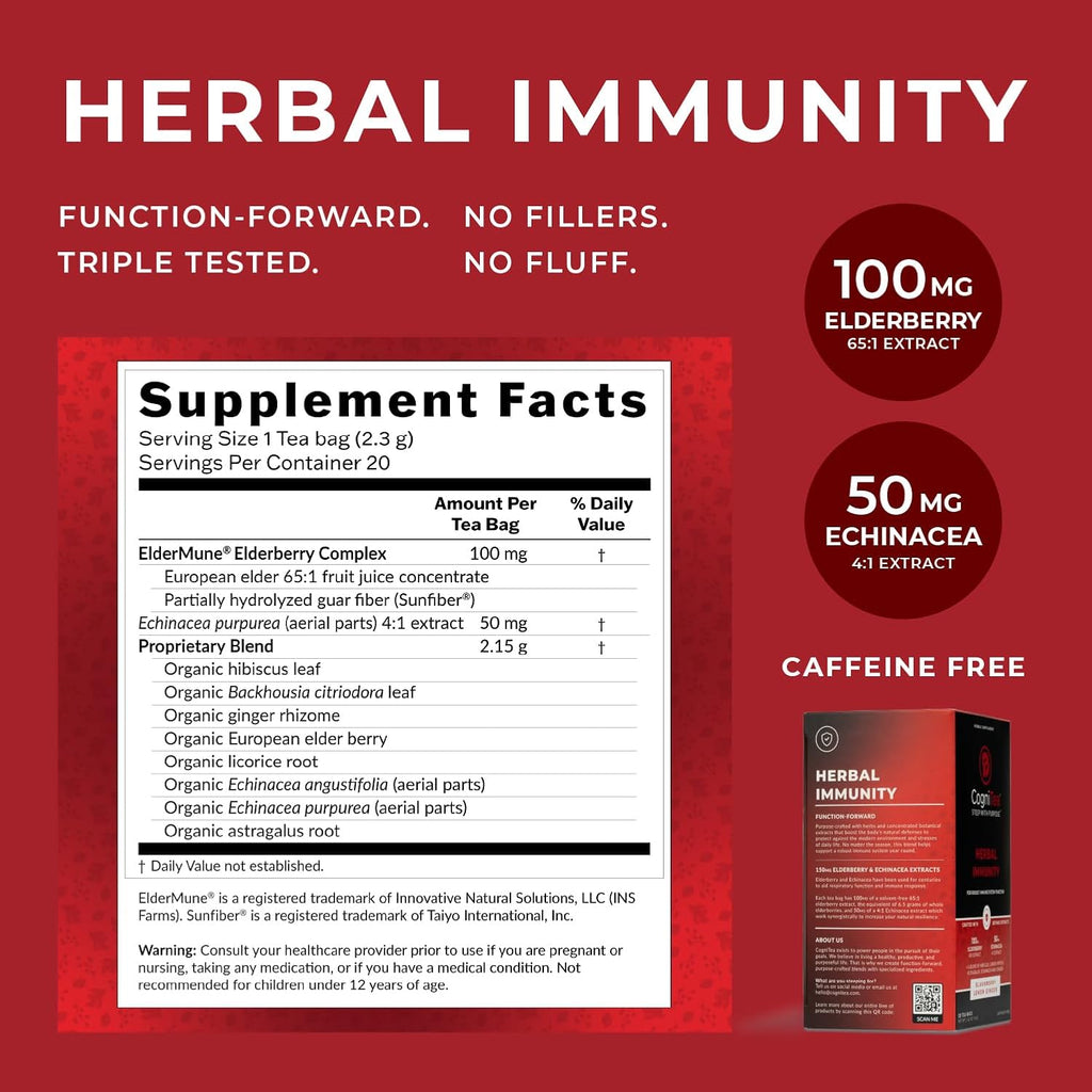 Herbal Immunity Tea - Immune System Booster - 100mg High- Potency Elderberry, 50mg Echinacea, Lemon, & Ginger Organic Herbal Tea Bags - Caffeine Free Immunity Boost
