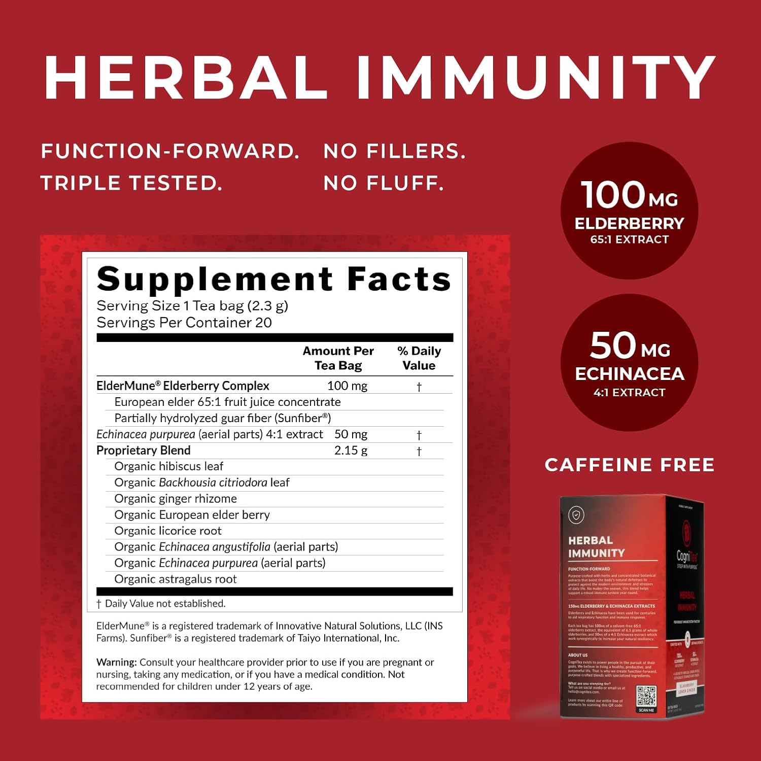 Herbal Immunity Tea - Immune System Booster - 100mg High- Potency Elderberry, 50mg Echinacea, Lemon, & Ginger Organic Herbal Tea Bags - Caffeine Free Immunity Boost