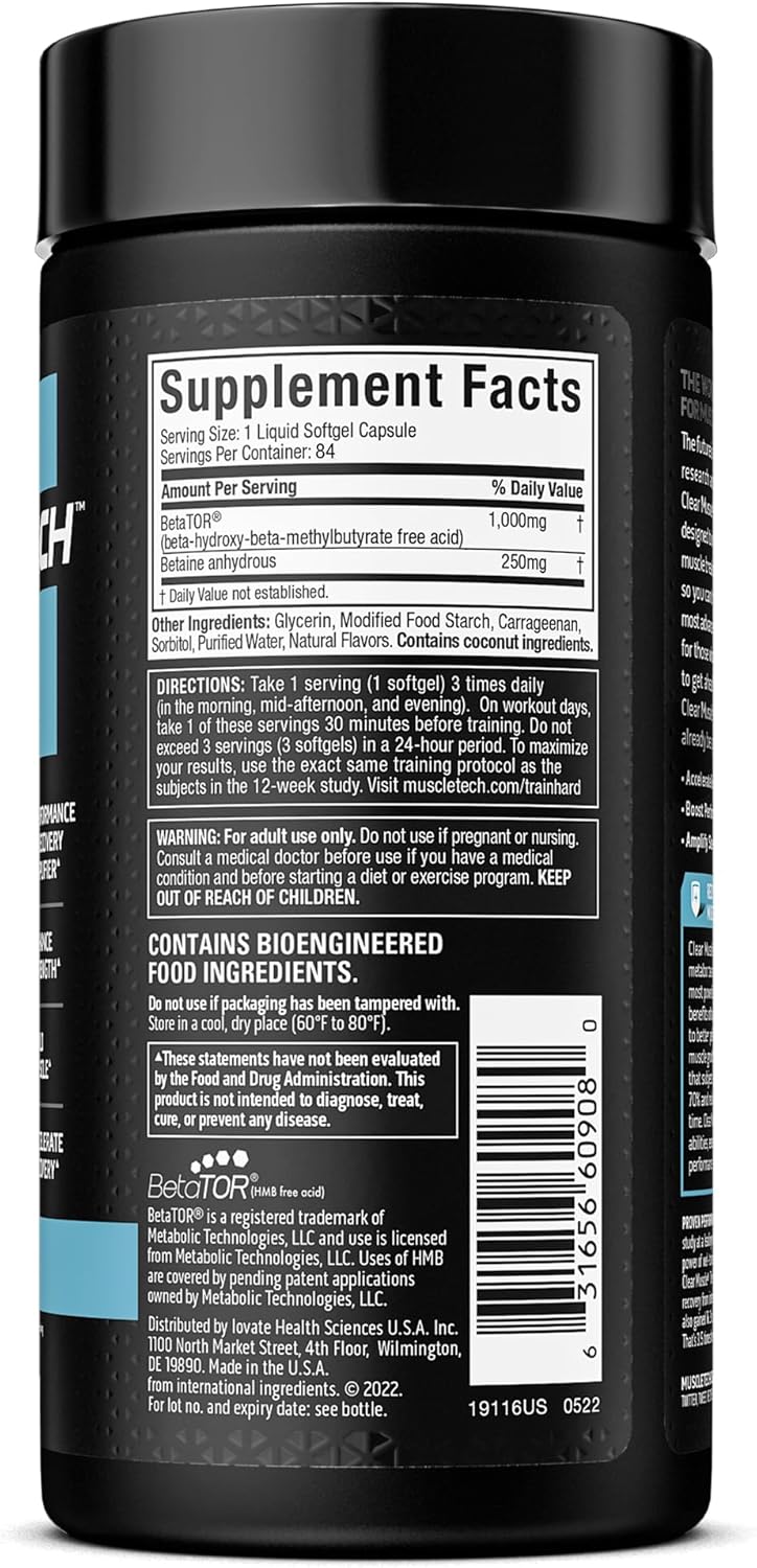Muscletech HMB Supplements 1000mg, Clear Muscle (84 Liquid Softgels) - Highest Grade HMB for Lean Muscle & Recovery, HMB Free Acid Muscle Supplement, Help Decrease Muscle Breakdown, Packaging May Vary