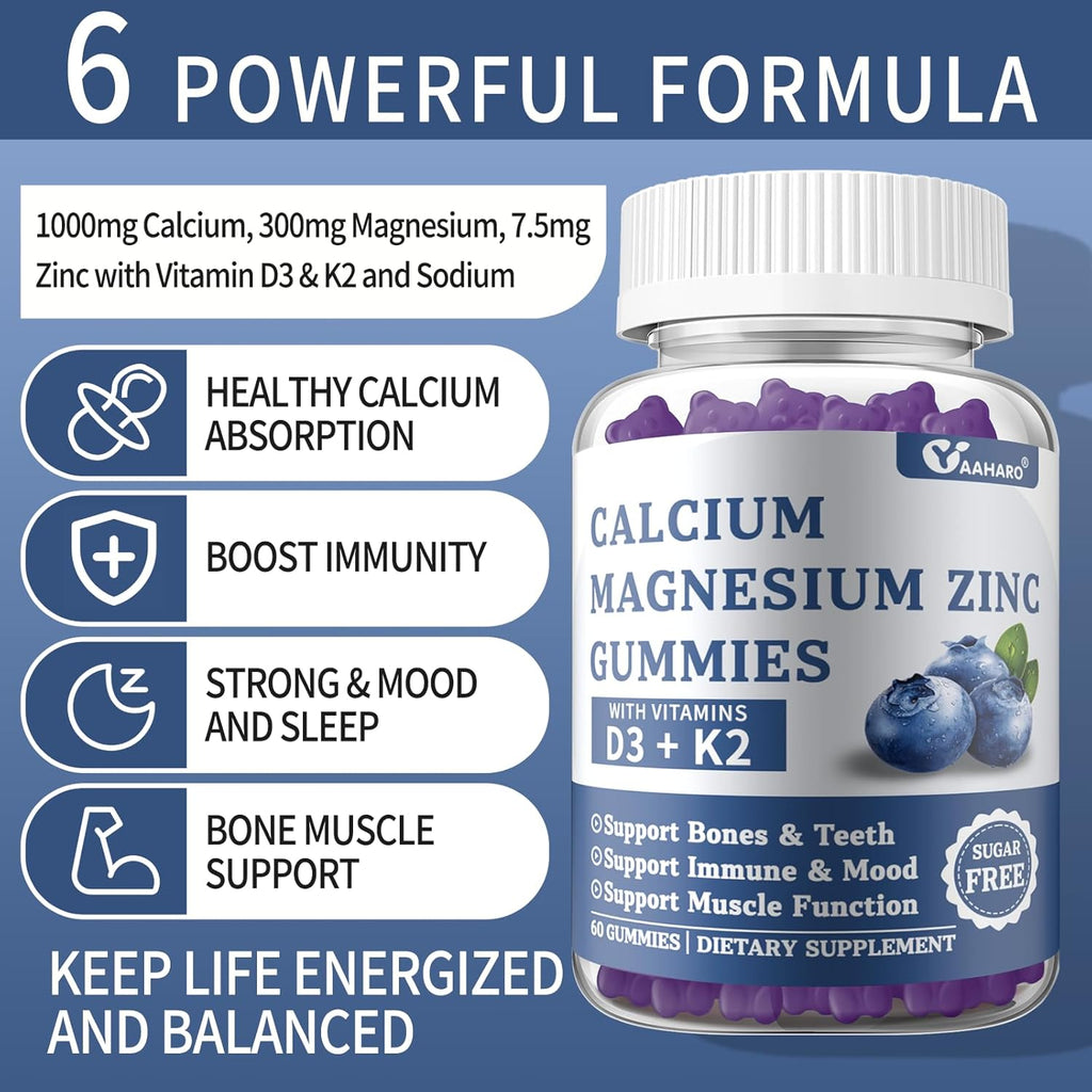 Calcium Magnesium Zinc Gummies with Vitamin D3 & K2 - Sugar Free Calcium Gummies for Women and Men - Bone & Immune Support - Non-GMO, Gluten-Free, Blueberry Flavored - 60 Gummies