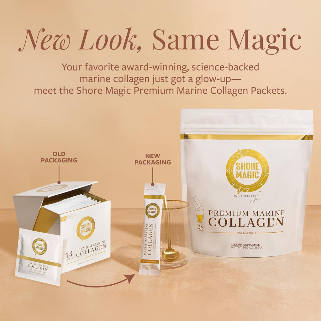 Shore Magic Premium Marine Collagen Powder – Hydrolyzed Type I, II, III & IV Peptides for Skin, Hair, Nails & Joints – Wild-Caught Fish, Kosher, Unflavored, Travel Friendly, 28 Daily Packets