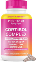 Pink Stork Cortisol Complex - Organic Ashwagandha, Omega 3 DHA, Saffron - Mood Balance, Stress Management, Energy Levels for Women - 60 Count