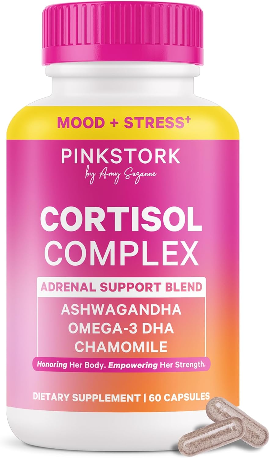 Pink Stork Cortisol Complex - Organic Ashwagandha, Omega 3 DHA, Saffron - Mood Balance, Stress Management, Energy Levels for Women - 60 Count