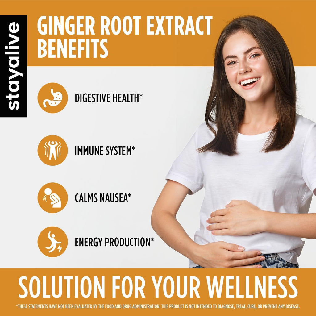 STAY ALIVE Pure Ginger Root Capsules 1000mg, 10:1 Extract Powder with 5% Gingerols, 120 Pills, Extra Strength Root Powder, Vegan, Non-GMO and Gluten-Free Ginger Supplement