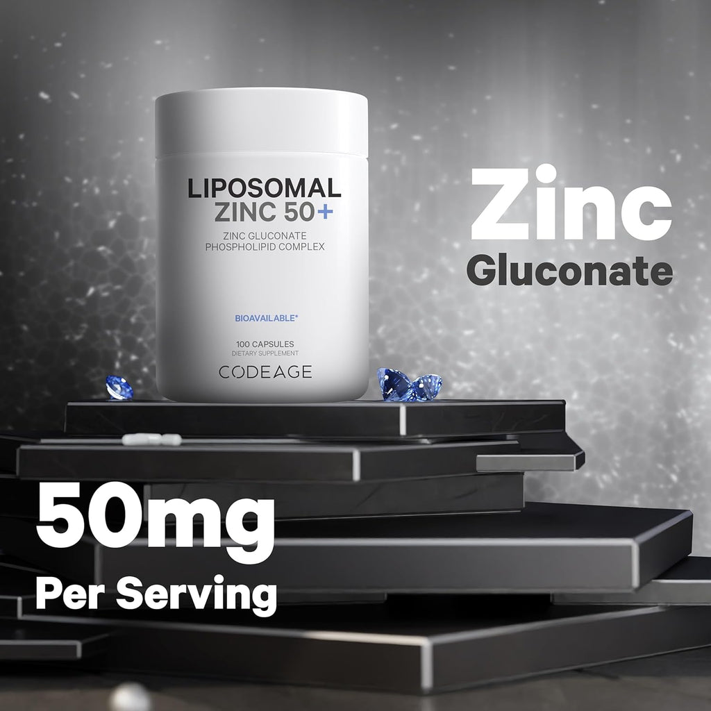 Codeage Liposomal Zinc Supplement – 3 Month Supply – One Per Day - 50 mg Zinc Gluconate Vitamin Pills - Essential Mineral Supplements Zinc Plus Liposomal Delivery Matrix - Vegan Non-GMO - 100 Capsules