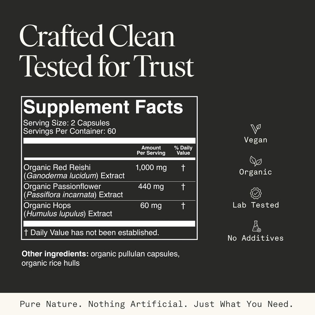 Mushroom Supplement with Reishi, Passionflower & Hops extracts - Sleep Supplements for Adults, Adaptogenic Capsules, 100% USDA Organic Mushrooms Complex - Vegan - Glass Jar, 120 Caps, 2 Month Supply