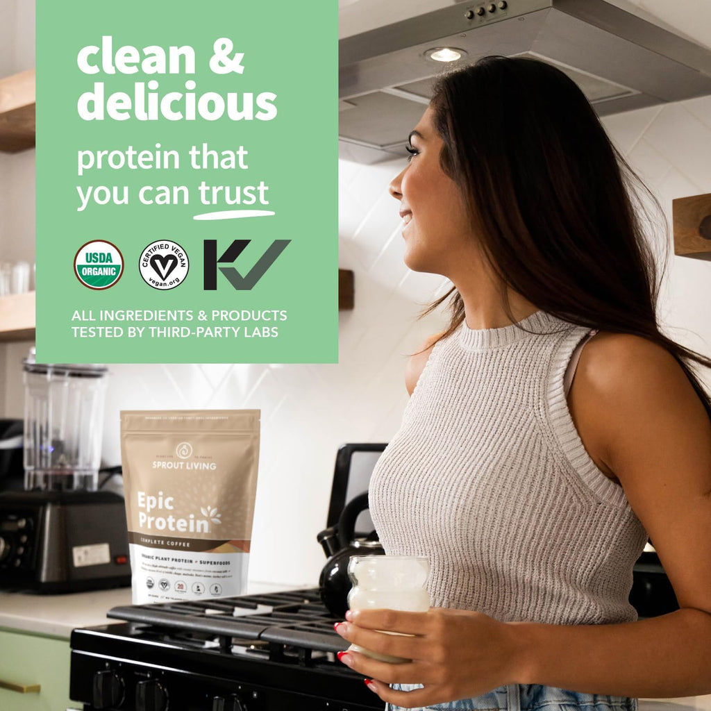 Sprout Living, Epic Protein, Plant Based Protein & Superfoods Powder, Complete Coffee | 20 Grams Organic Protein Powder, Adaptogens, Mushrooms, Vegan, Non-GMO, Gluten Free (1 Pound, 12 Servings)