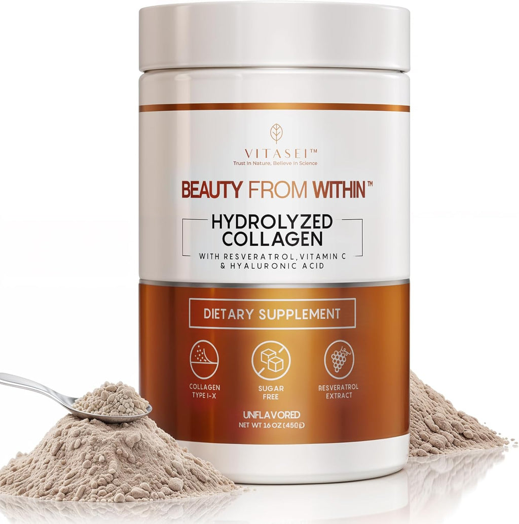 VITASEI Hydrolyzed Collagen Peptides Powder with Resveratrol & Vitamin C – Hair, Skin & Joint Support with Hyaluronic Acid – Colágeno Hidrolizado for Women & Men – Unflavored, 16 oz (30 Servings)