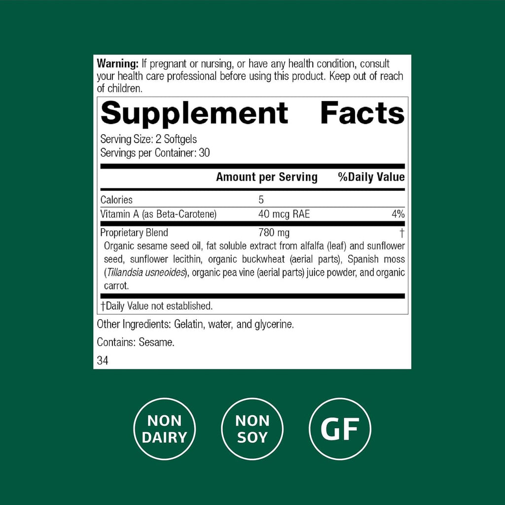 Standard Process Inc. Chlorophyll Complex - Immune Support, Antioxidant Activity, Skin Health and Hair Health Support with Vitamin A, Sunflower Lecithin, Buckwheat, Spanish Moss - 60 Softgels