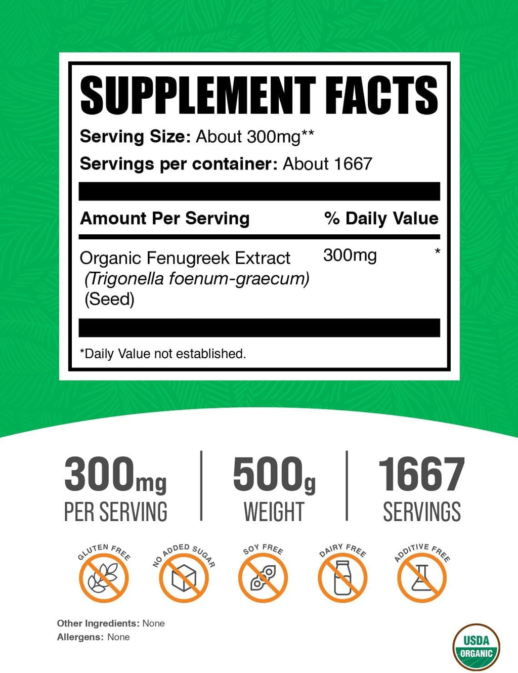 BulkSupplements.com Organic Fenugreek Extract Powder - Herbal Supplement, from Fenugreek Seeds - Gluten Free, 300mg per Serving, 500g (1.1 lbs) (Pack of 1)