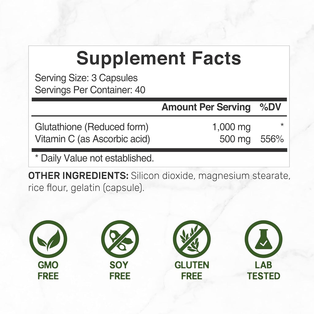 Glutathione Supplement 1,000mg Per Serving, 98% Purity | Plus Vitamin C 500mg, Active Reduced Form (GSH) | Intracellular Antioxidant – Supports Detoxification & Immune Health