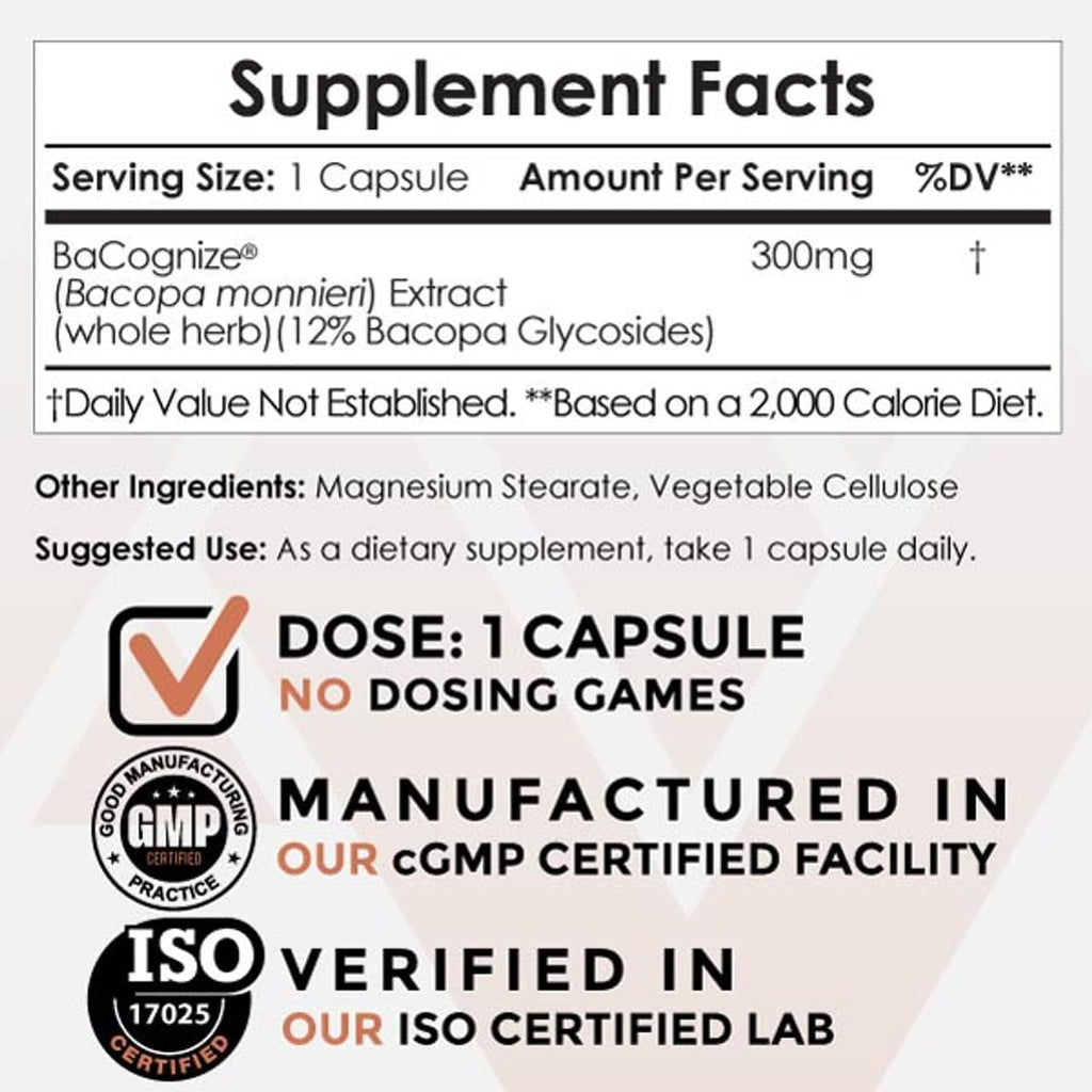 Nootropics Depot BaCognize Bacopa Monnieri 300mg Capsules (120 Count) Ayurvedic Herb Non-GMO, Gluten Free, and Vegetarian Friendly