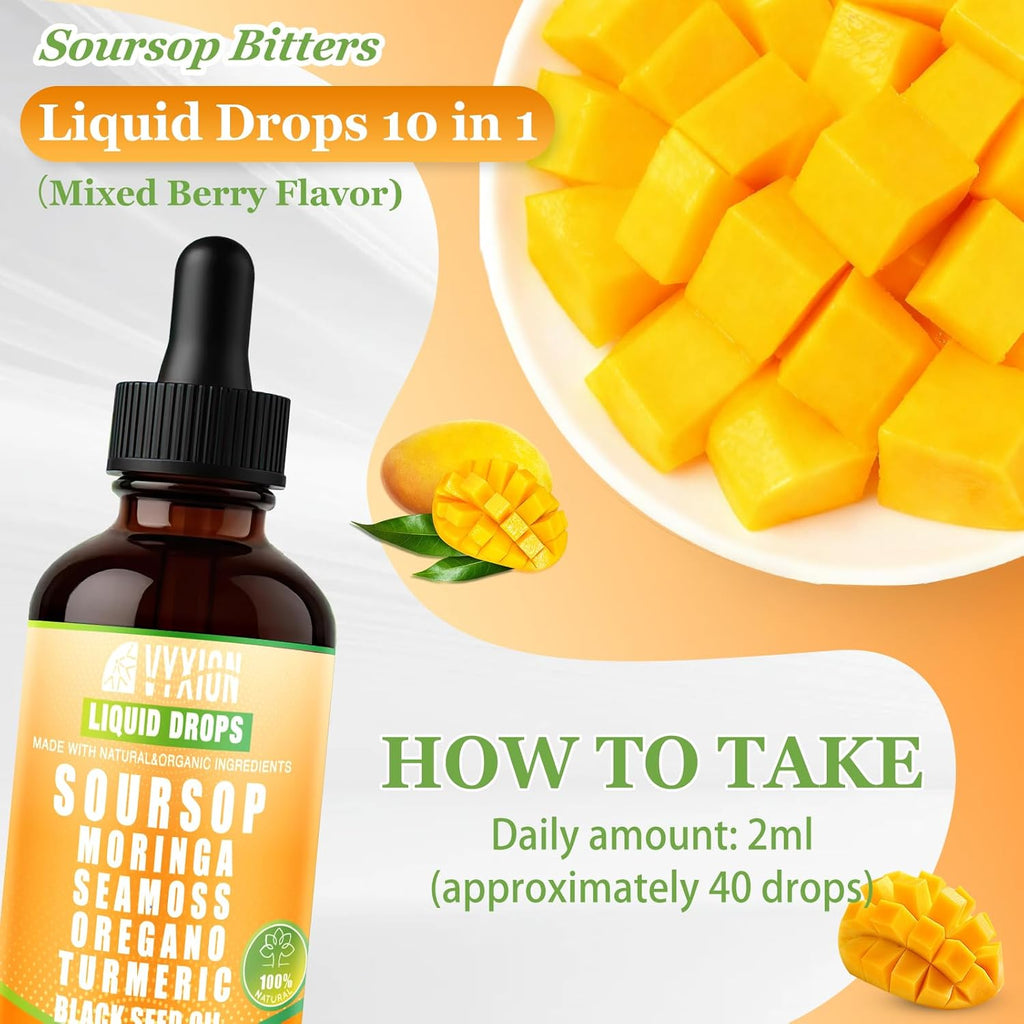 Soursop Bitters Liquid Drops 10 in 1 with Sea Moss, Moringa, Turmeric, Black Seed Oil, Oregano, Ashwagandha | Herbal Extracts for Overall Health-Enhancing | Vegan, Non-GMO | 2 Fl Oz(Mango flavor)