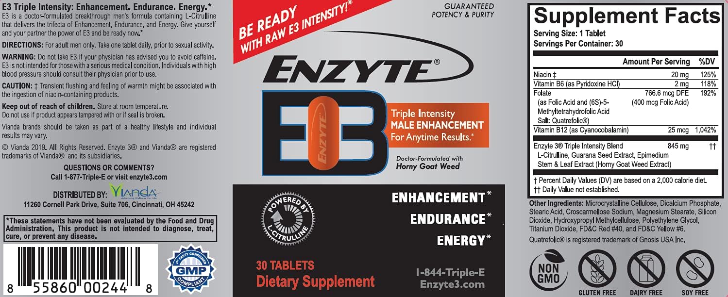 Enzyte3® Natural Male Enhancement Supplement for Energy and Endurance - L-Citrulline, Epimedium, Guarana Seed Extract, & Horny Goat Weed and More 30 Day Supply - 12 Pack Bundle