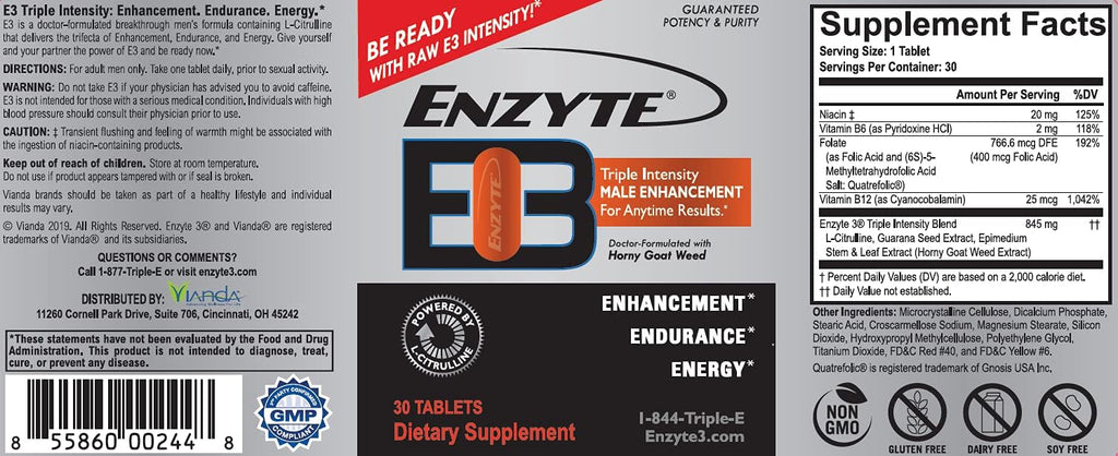 Enzyte3® Natural Male Enhancement Supplement for Energy and Endurance - L-Citrulline, Epimedium, Guarana Seed Extract, & Horny Goat Weed and More 30 Day Supply - 6 Pack Bundle