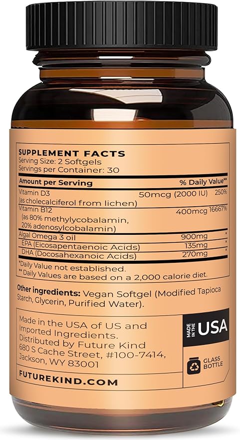 Future Kind 3 in 1 Daily Multivitamin - for Energy, Clarity, Active Wellness Support with B12, D3, and Algal Omega-3 - Essential Vegan Multivitamin for Women & Men - Tiny Citrus Softgels (60 Count)