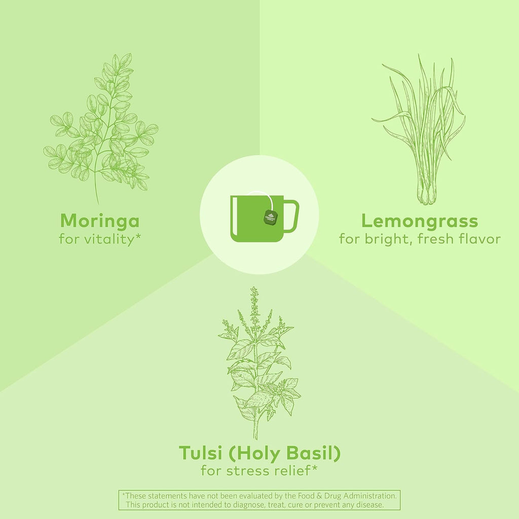 ORGANIC INDIA Tulsi Moringa Tea Bags - Holy Basil, Lemongrass, Moringa Leaves, Stress Relieving & Nourishing, Immune Support Tea, Vegan, Certified Organic, Caffeine-Free - 18 Infusion Bags, 6 Pack