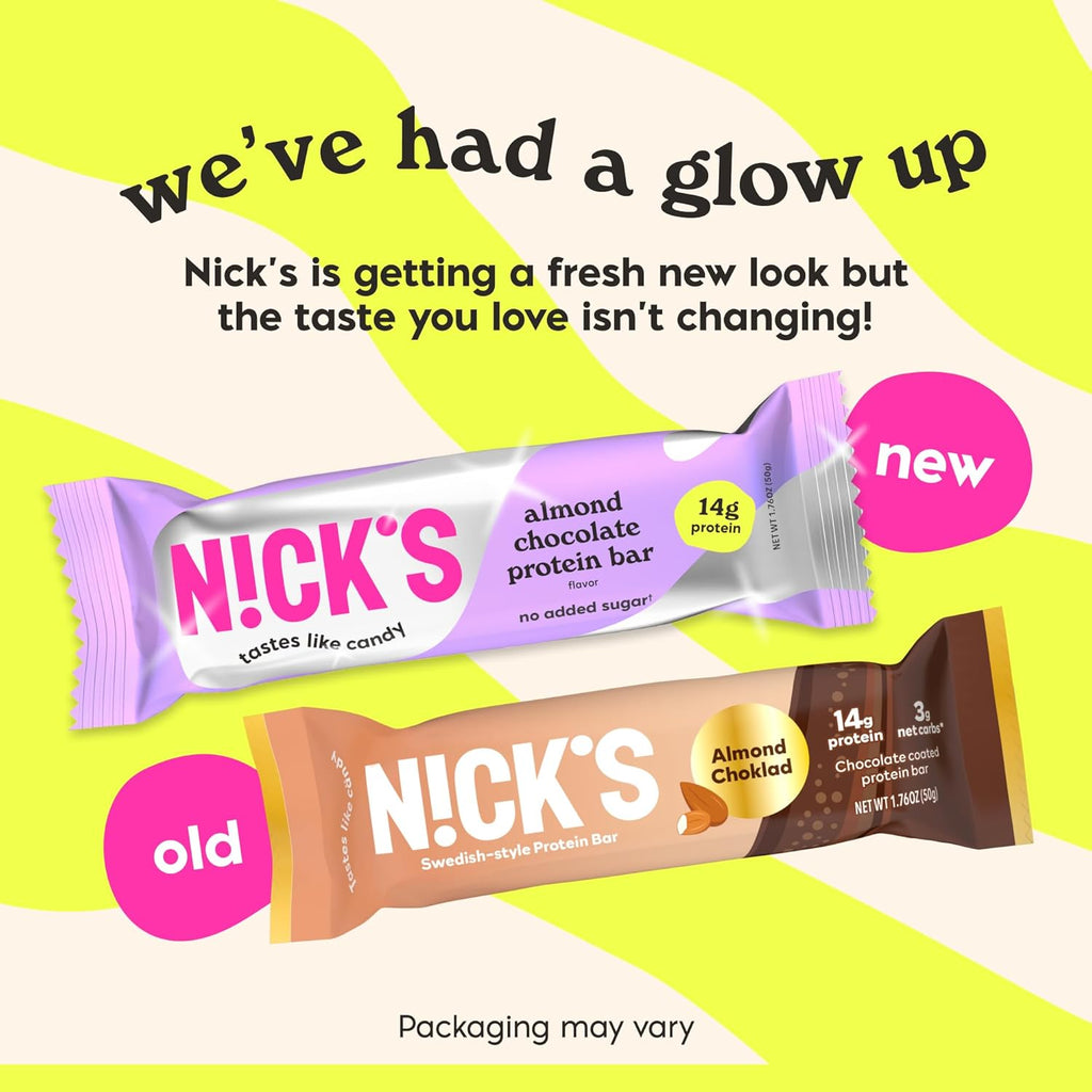 Nick's Protein Bars Chocolate | High Protein | Lowcalories | Low Carb Keto Friendly Snacks No Added Sugar (Multipack 12 bars x 50g) (12 Count (Pack of 1), Almond Chocolate)