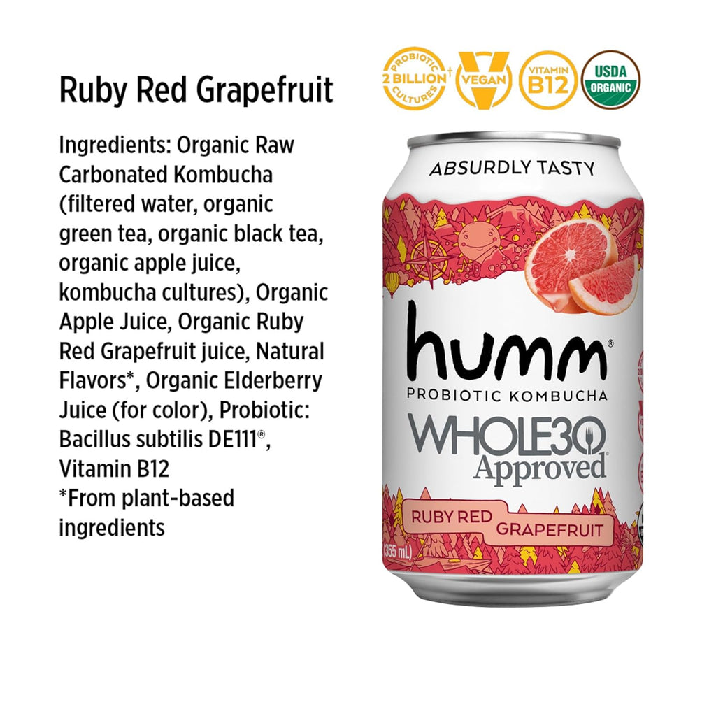 Humm Whole30 Approved Kombucha Citrus Variety Pack, Ruby Red Grapefruit, Mango Lemon, Organic, Vegan & GMO Free (12 Pack)
