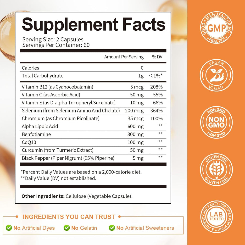 Alpha Lipoic Acid 600mg with Benfotiamine 300mg - ALA Supplement for Neuropathy Support Nerve Health & Antioxidant, Cell Energy, Metabolism and Anti-Aging, Non-GMO, Gluten Free, Vegan 120 Counts