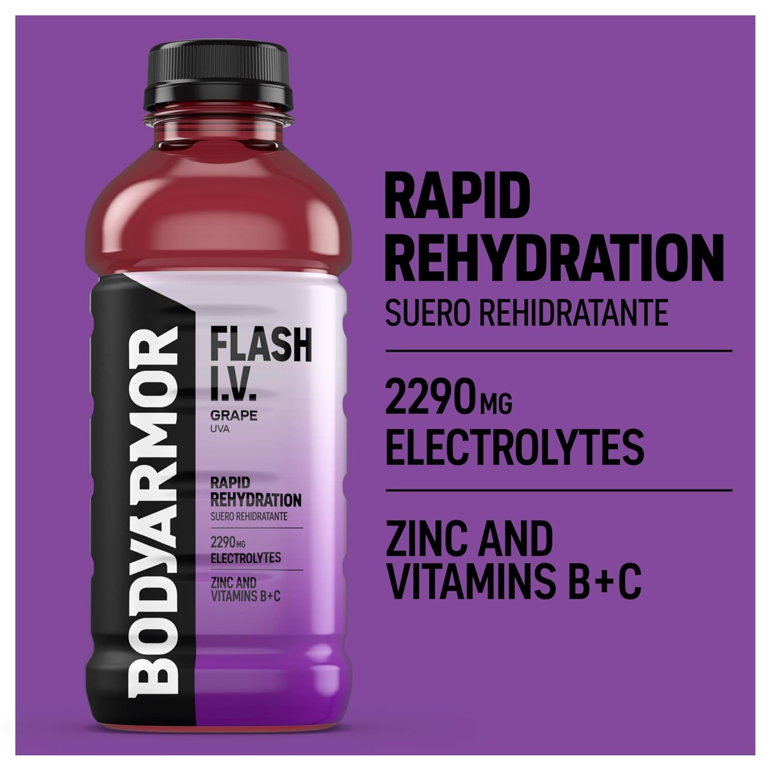 BODYARMOR Flash I.V. Electrolyte Beverage, Grape, Hydration Drink with Coconut Water For Rapid Rehydration, Post Workout Recovery, 20 Fl Oz (Pack of 12)