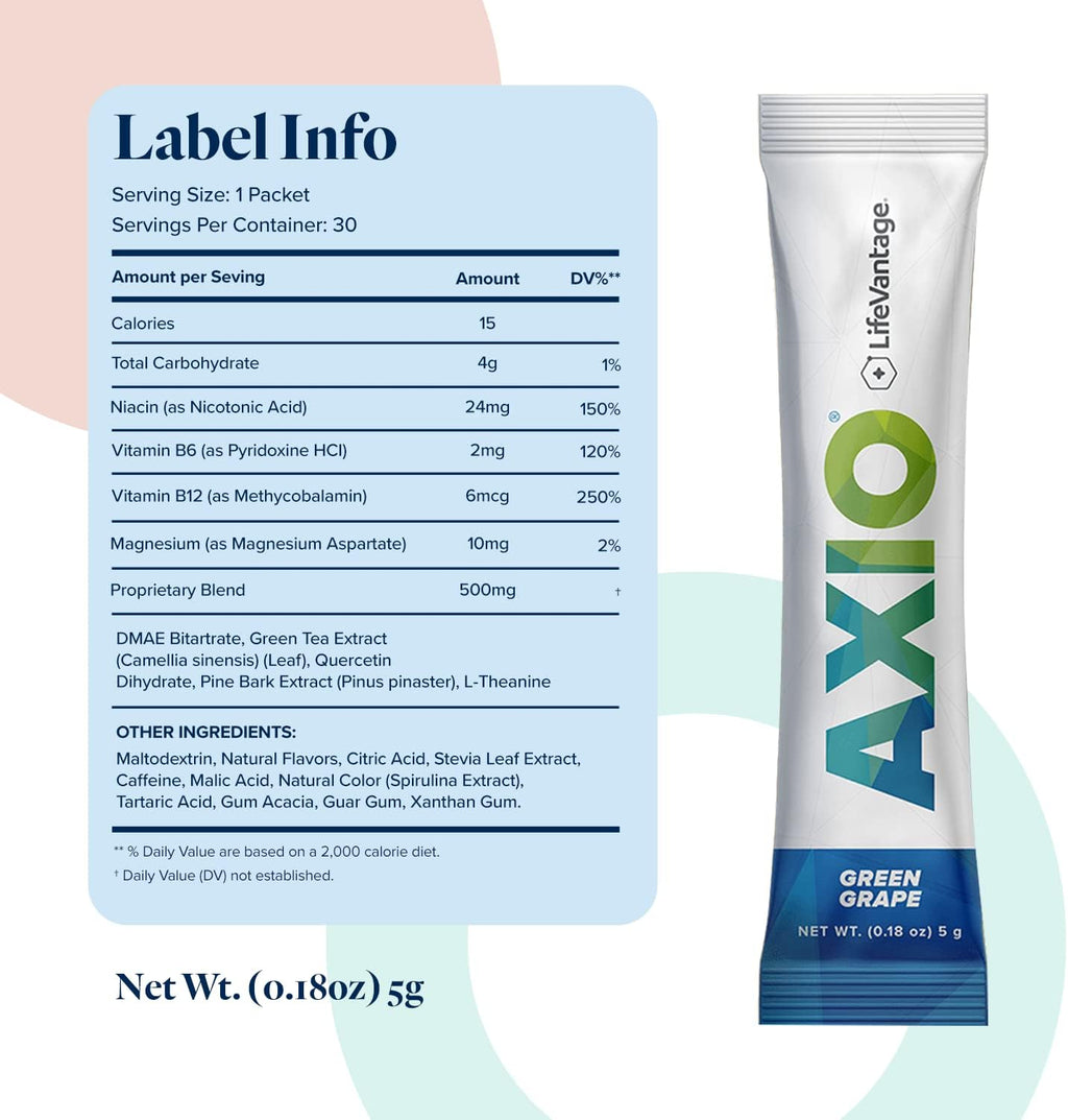 LifeVantage AXIO Regular Energy Drink Powder, Nootropic Supplement, Focus & Mood Support, with L-theanine, Green Tea, B Vitamins, DMAE, Quercetin & Pine Bark, Green Grape, 30 Packets