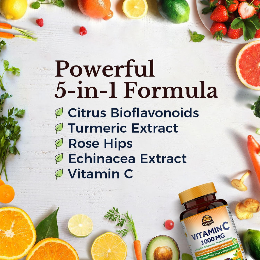 Vitalitown Vitamin C Complex 1000mg with Rose HIPS, Bioflavonoids, Turmeric & Echinacea, Daily Immune Support, Collagen Booster & Powerful Antioxidant, Vegan, 90 Tablets