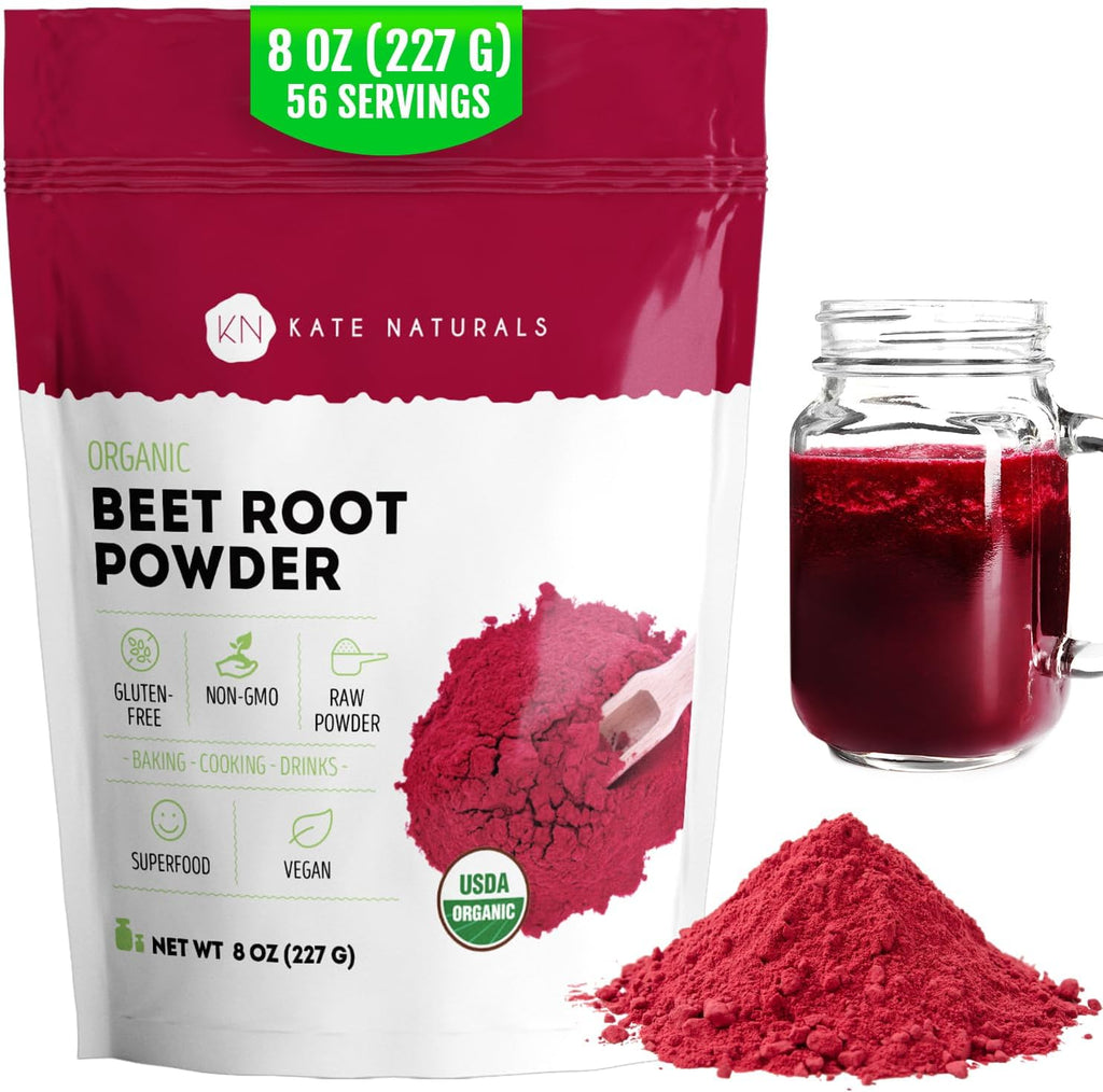 Kate Naturals Organic Beet Root Powder for Smoothies, Baking & Juice. Raw Beetroot Superfood Extract & Natural Red Food Coloring & Nitric Oxide (8oz, Non-GMO, Earthy Flavor)