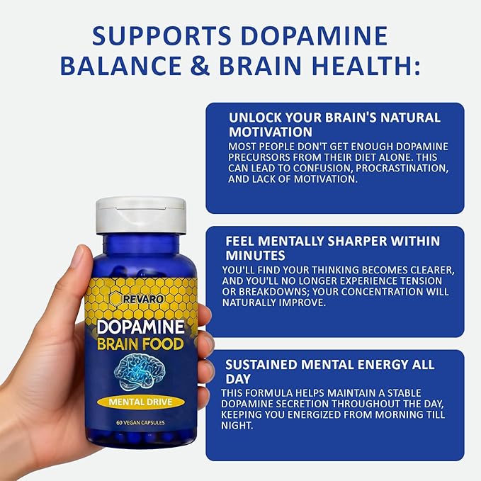 Revaro Dopamine Supplement for Focus & Motivation - Brain Food with L-Tyrosine & Natural Ingredients - Supports Mental Clarity, Healthy Dopamine Production (1pcs)
