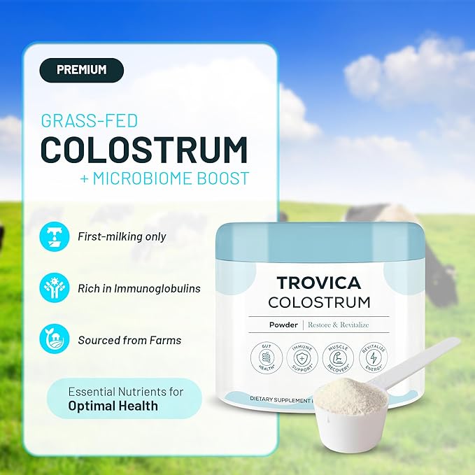 Colostrum Supplement Powder for Gut Health, Immune Support, Muscle Recovery & Wellness - Natural IgG Whole Bovine Colostrum Superfood - Hair Growth & Beauty Supplement - Unflavored - 60 Servings