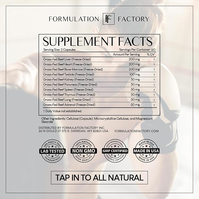 Formulation Factory Primal Power 10-in-1 Grass-Fed Organ Supplement with Beef Liver, Heart, Marrow, Testicle, Kidney, Supports Vitality, Hormones, Energy, Immunity (6 Month Supply, 360 Capsules)