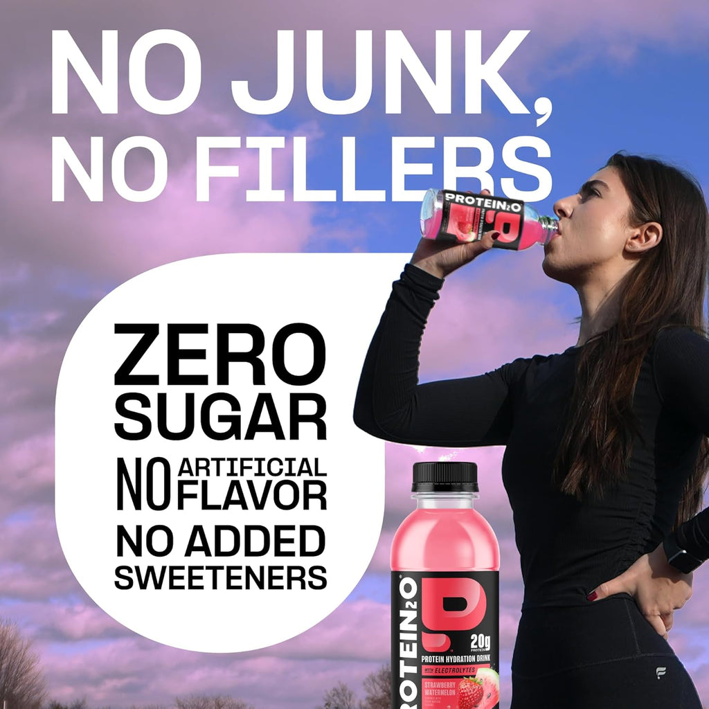 Protein2o Hydration Drink - 2-in-1 Liquid Clear Whey Protein Isolate and Electrolyte Drink - 20g Protein, Vitamins B5, B6 - Post-Workout Recovery - 16.9 Fl Oz - 12 Count Strawberry Watermelon