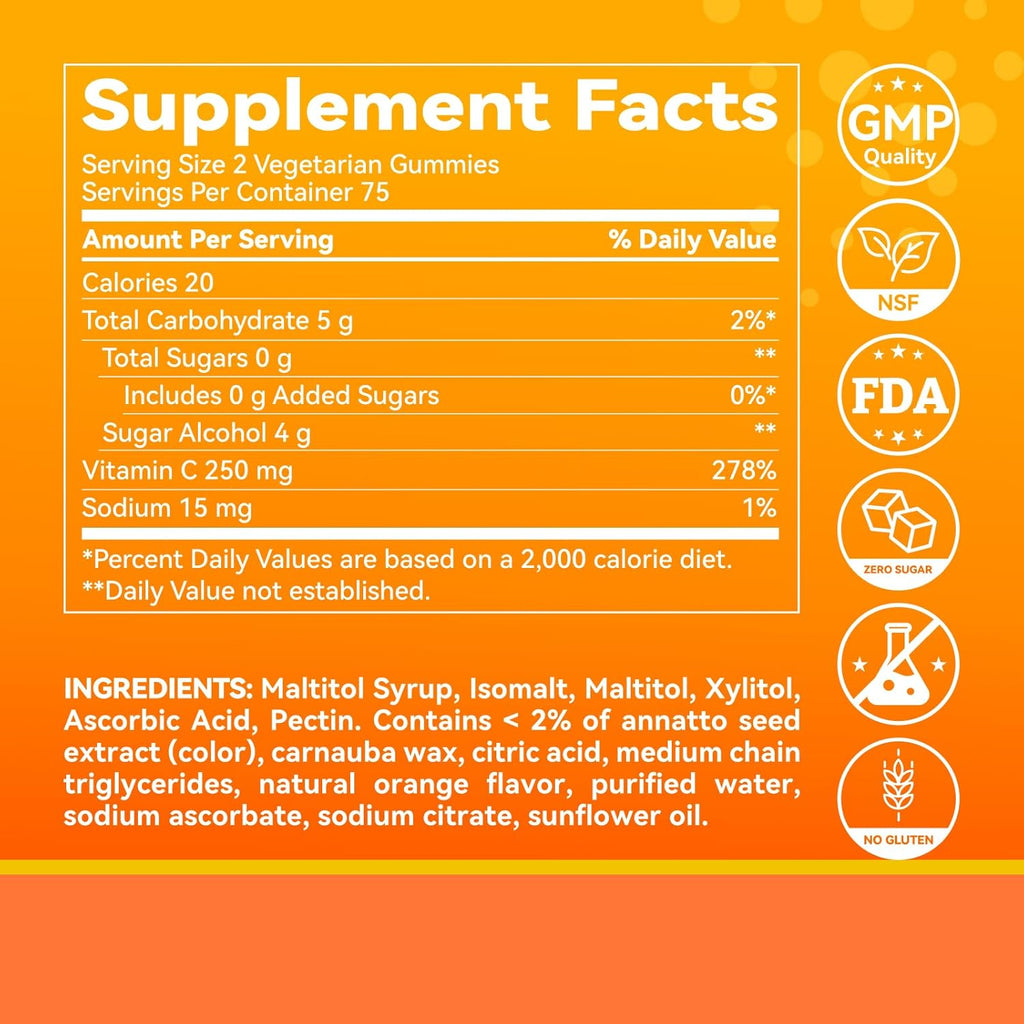 Zero Sugar Vitamin C Gummies 250 mg per Serving, Immune & Antioxidant Support, Natural Orange Flavor, 150 Count, 75 Day Supply, Sugar-Free, Vegetarian Gummies, No Artificial Sweeteners or Flavors