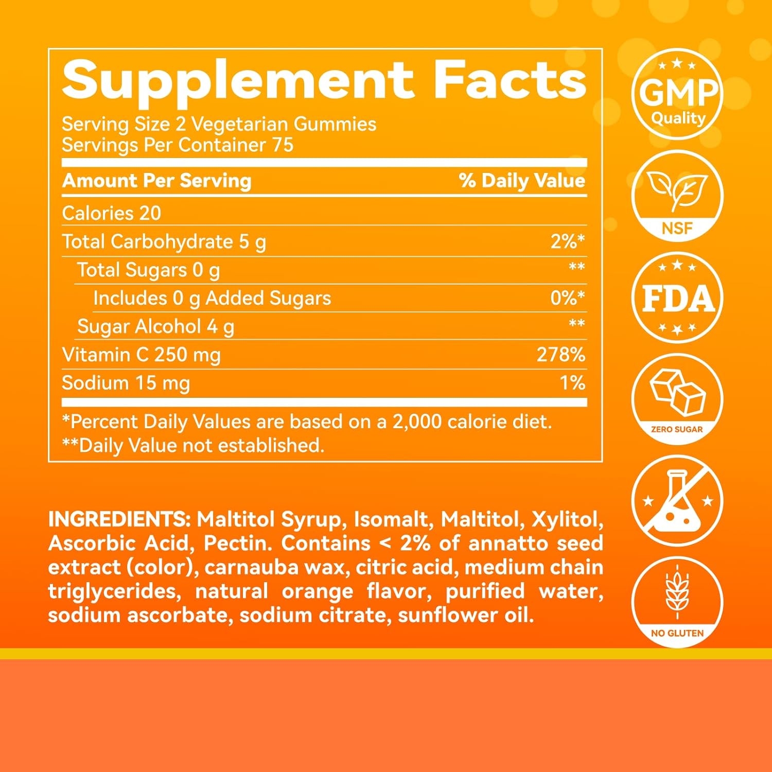 Zero Sugar Vitamin C Gummies 250 mg per Serving, Immune & Antioxidant Support, Natural Orange Flavor, 150 Count, 75 Day Supply, Sugar-Free, Vegetarian Gummies, No Artificial Sweeteners or Flavors