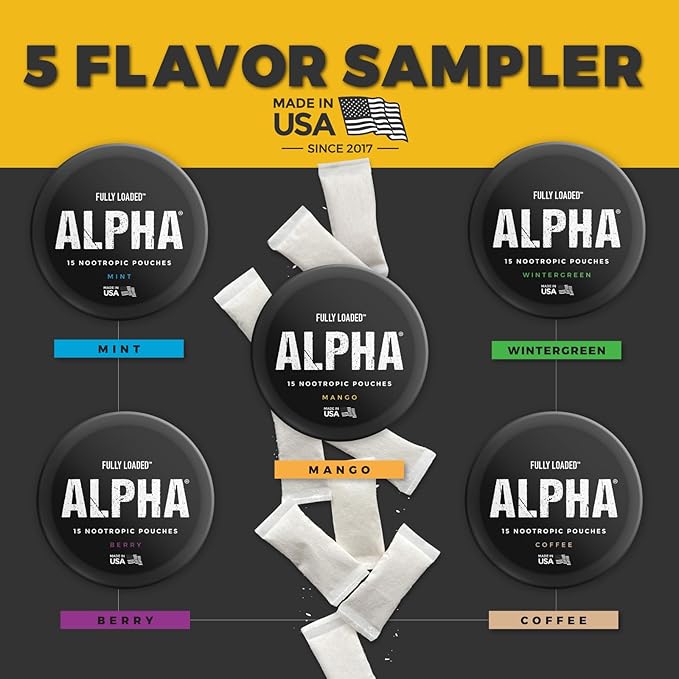 Fully Loaded Alpha Nootropic Pouches (Variety Pack) - 5 Cans - 15 Pouches per can - Effective Nootropic Delivery, Nic Pouch Replacement - Faster Absorption, Alpha GPC, L-Tyrosine, GABA